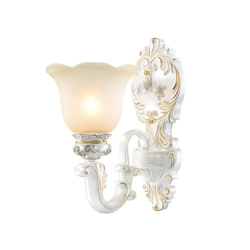 Cream Glass White Wall Light Floral 1/2-Head Cottage Wall Sconce Lighting with Swooping Arm Clearhalo 'Wall Lamps & Sconces' 'Wall Lights' Lighting' 1616953