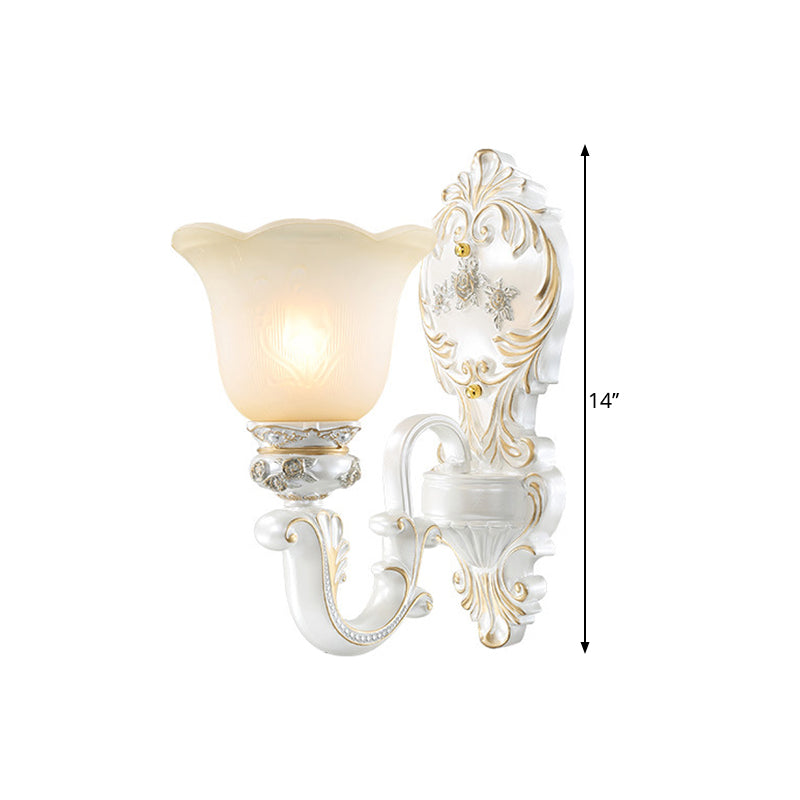 Cream Glass White Wall Light Floral 1/2-Head Cottage Wall Sconce Lighting with Swooping Arm Clearhalo 'Wall Lamps & Sconces' 'Wall Lights' Lighting' 1616954