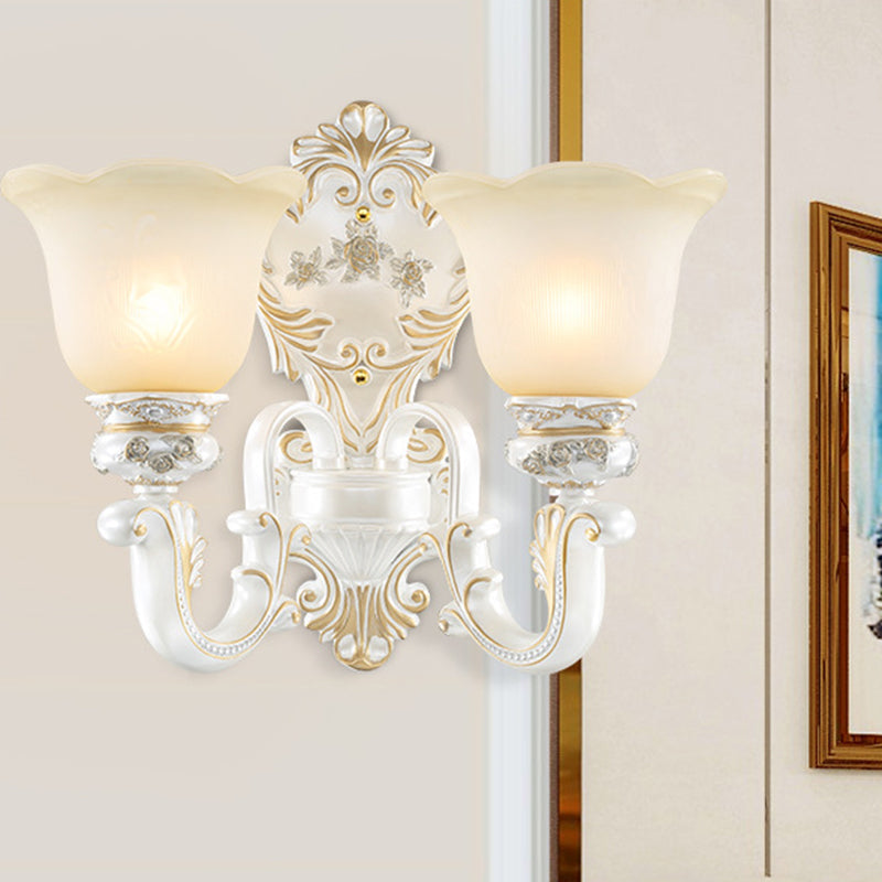 Cream Glass White Wall Light Floral 1/2-Head Cottage Wall Sconce Lighting with Swooping Arm Clearhalo 'Wall Lamps & Sconces' 'Wall Lights' Lighting' 1616956