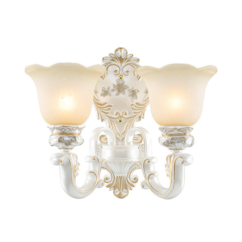 Cream Glass White Wall Light Floral 1/2-Head Cottage Wall Sconce Lighting with Swooping Arm Clearhalo 'Wall Lamps & Sconces' 'Wall Lights' Lighting' 1616957