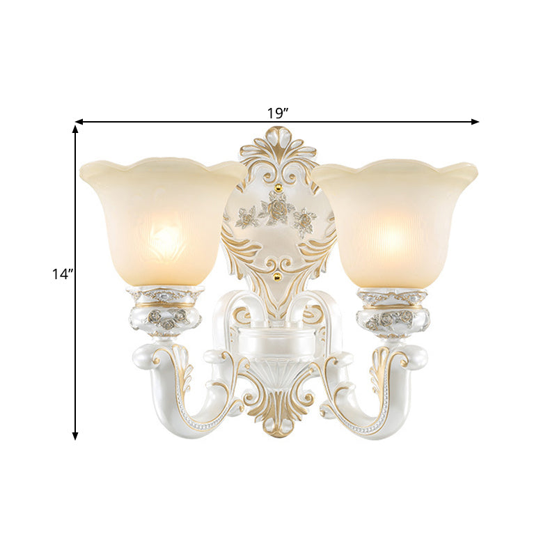 Cream Glass White Wall Light Floral 1/2-Head Cottage Wall Sconce Lighting with Swooping Arm Clearhalo 'Wall Lamps & Sconces' 'Wall Lights' Lighting' 1616959