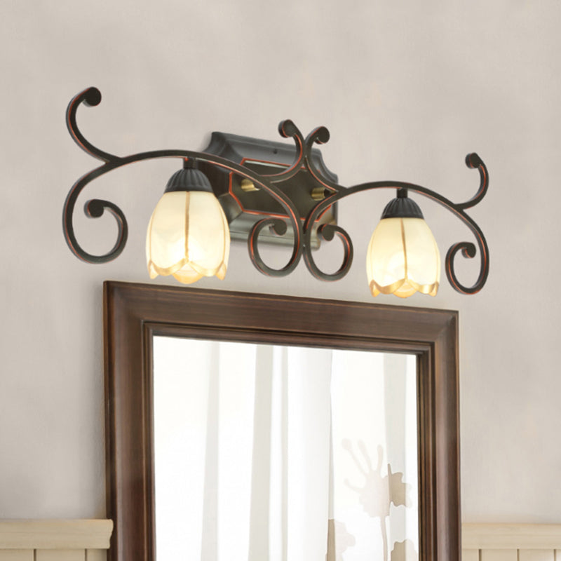 Frosted Glass Blossom Vanity Lamp Antiqued 2/3 Heads Bathroom Twig Design Wall Mounted Lighting in Red Brown Clearhalo 'Vanity Lights' 'Wall Lights' Lighting' 1616961