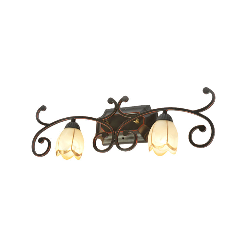 Frosted Glass Blossom Vanity Lamp Antiqued 2/3 Heads Bathroom Twig Design Wall Mounted Lighting in Red Brown Clearhalo 'Vanity Lights' 'Wall Lights' Lighting' 1616962