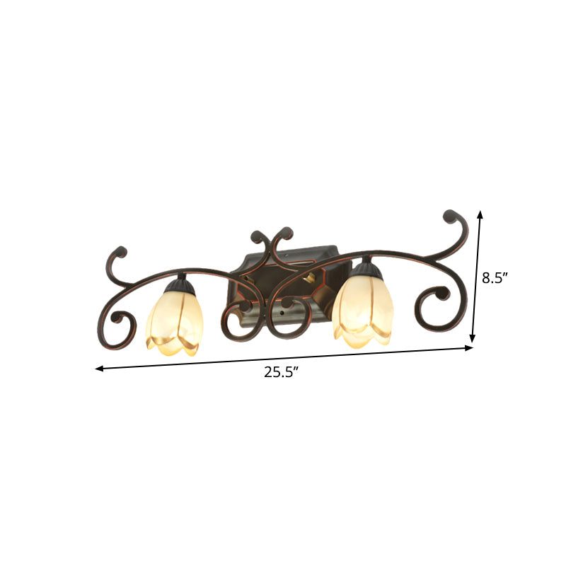 Frosted Glass Blossom Vanity Lamp Antiqued 2/3 Heads Bathroom Twig Design Wall Mounted Lighting in Red Brown Clearhalo 'Vanity Lights' 'Wall Lights' Lighting' 1616963