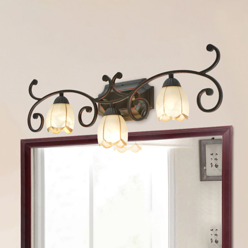 Frosted Glass Blossom Vanity Lamp Antiqued 2/3 Heads Bathroom Twig Design Wall Mounted Lighting in Red Brown Clearhalo 'Vanity Lights' 'Wall Lights' Lighting' 1616965