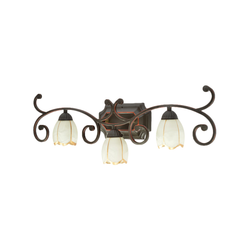 Frosted Glass Blossom Vanity Lamp Antiqued 2/3 Heads Bathroom Twig Design Wall Mounted Lighting in Red Brown Clearhalo 'Vanity Lights' 'Wall Lights' Lighting' 1616966