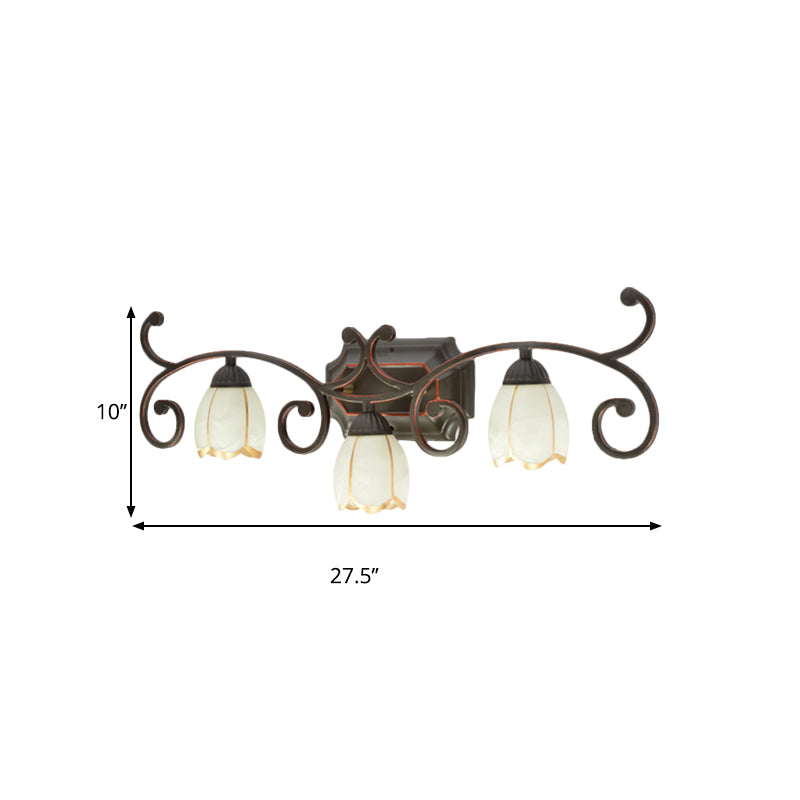 Frosted Glass Blossom Vanity Lamp Antiqued 2/3 Heads Bathroom Twig Design Wall Mounted Lighting in Red Brown Clearhalo 'Vanity Lights' 'Wall Lights' Lighting' 1616968