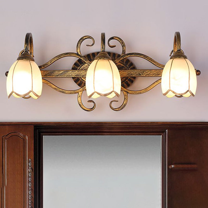 Retro Style Epiphyllum Wall Light 3-Bulb Cream Glass Vanity Wall Sconce with Branch Design in Brass Clearhalo 'Vanity Lights' 'Wall Lights' Lighting' 1617027