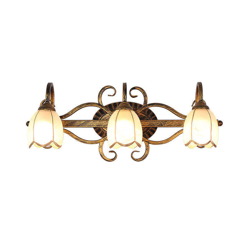 Retro Style Epiphyllum Wall Light 3-Bulb Cream Glass Vanity Wall Sconce with Branch Design in Brass Clearhalo 'Vanity Lights' 'Wall Lights' Lighting' 1617028