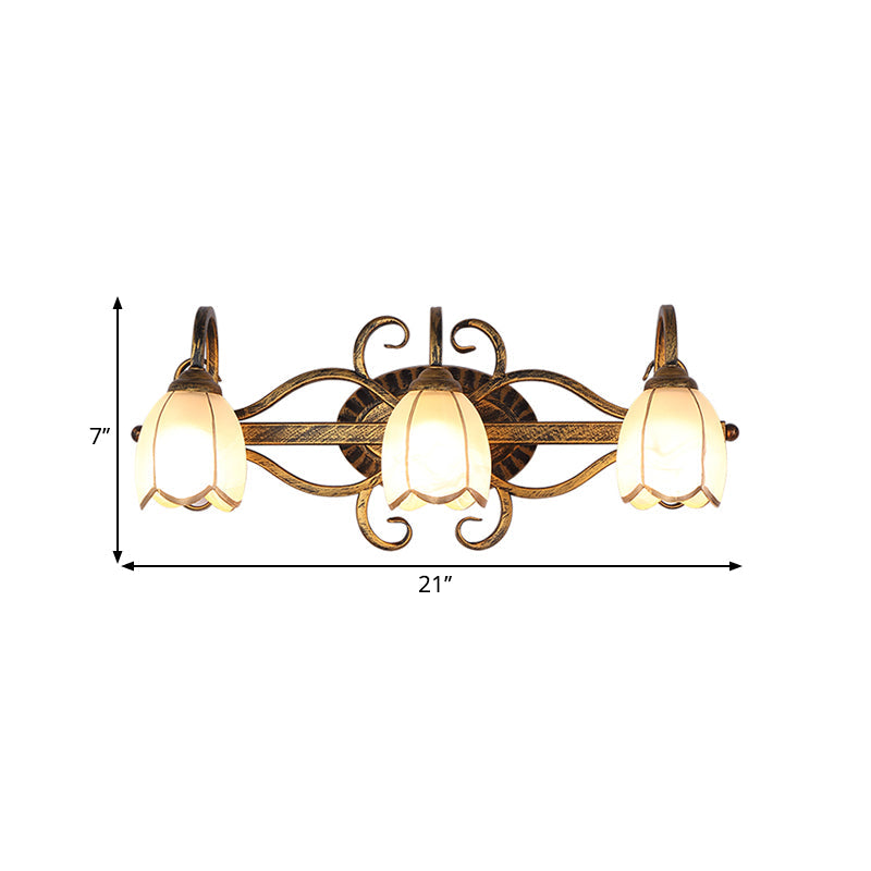 Retro Style Epiphyllum Wall Light 3-Bulb Cream Glass Vanity Wall Sconce with Branch Design in Brass Clearhalo 'Vanity Lights' 'Wall Lights' Lighting' 1617029