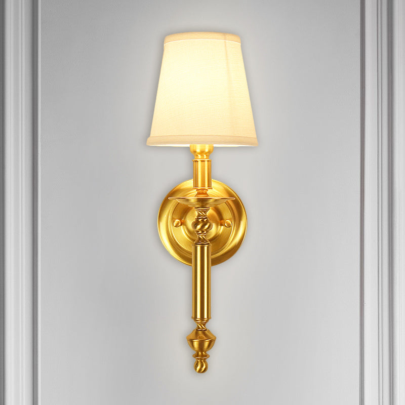 Tapered Bedroom Wall Lighting Country Fabric Single Light Brass Wall Mounted Lamp with Metallic Straight Arm Brass Clearhalo 'Wall Lamps & Sconces' 'Wall Lights' Lighting' 1617043