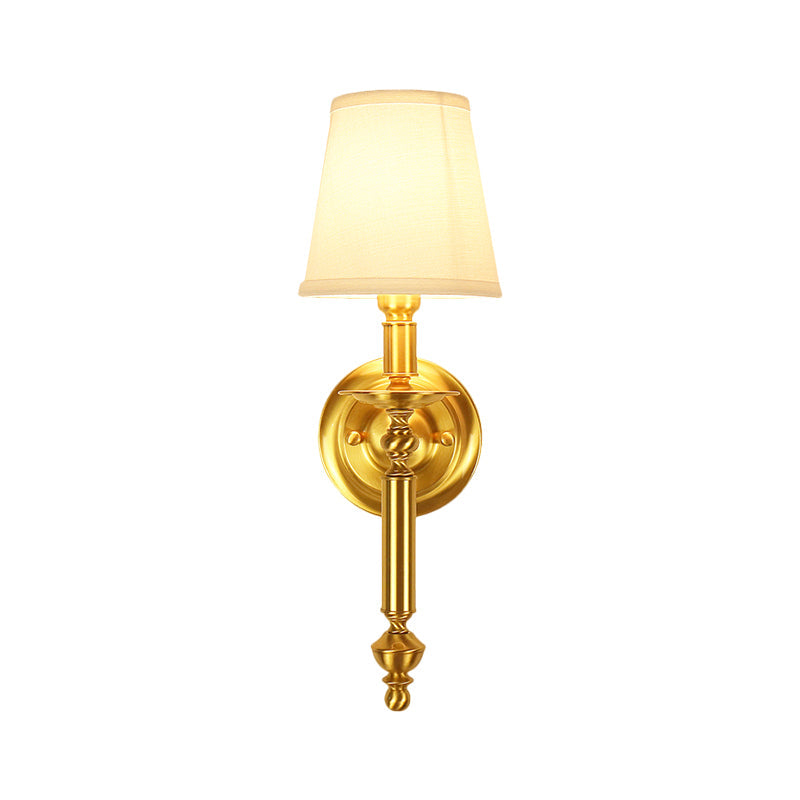 Tapered Bedroom Wall Lighting Country Fabric Single Light Brass Wall Mounted Lamp with Metallic Straight Arm Clearhalo 'Wall Lamps & Sconces' 'Wall Lights' Lighting' 1617045