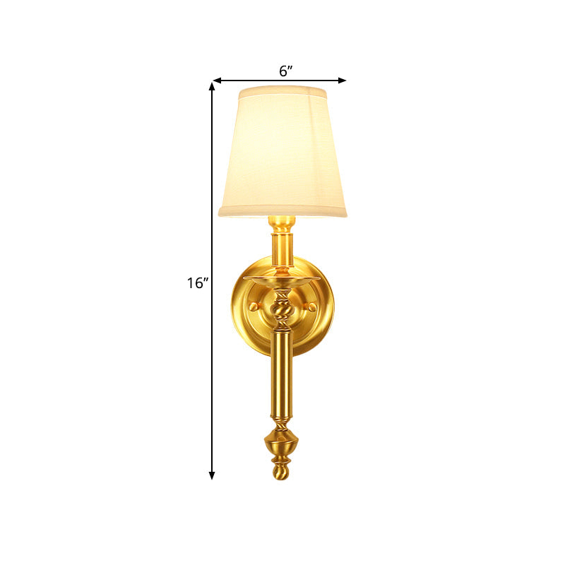 Tapered Bedroom Wall Lighting Country Fabric Single Light Brass Wall Mounted Lamp with Metallic Straight Arm Clearhalo 'Wall Lamps & Sconces' 'Wall Lights' Lighting' 1617046