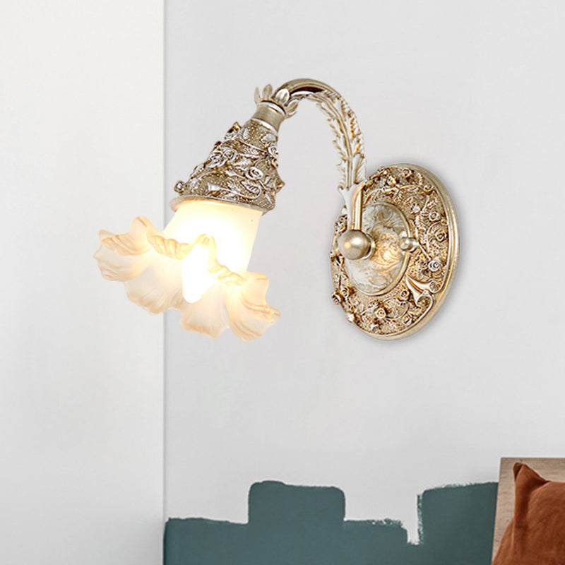 Single Head Wall Sconce Countryside Flower Opal Glass Wall Mount Light with Arched Arm in Silver/White Clearhalo 'Wall Lamps & Sconces' 'Wall Lights' Lighting' 1617078