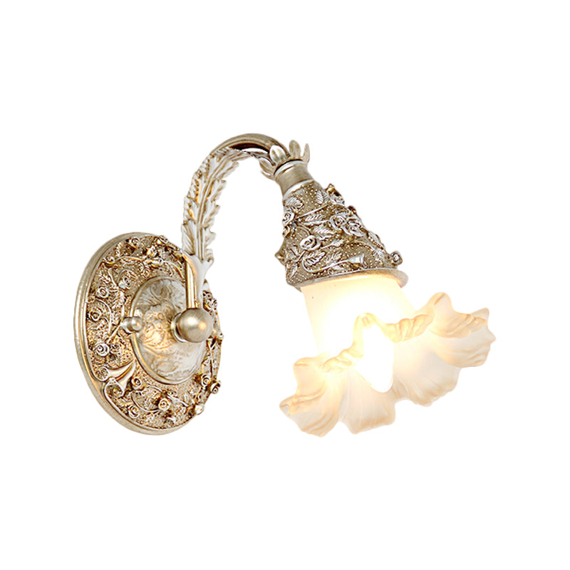 Single Head Wall Sconce Countryside Flower Opal Glass Wall Mount Light with Arched Arm in Silver/White Clearhalo 'Wall Lamps & Sconces' 'Wall Lights' Lighting' 1617079