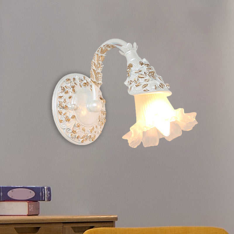 Single Head Wall Sconce Countryside Flower Opal Glass Wall Mount Light with Arched Arm in Silver/White Clearhalo 'Wall Lamps & Sconces' 'Wall Lights' Lighting' 1617083