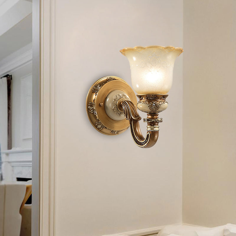 Flower Shape Bedroom Wall Sconce Rustic Milky Glass 1/2-Head Brown Swooping Arm Wall Mounted Light Fixture Clearhalo 'Wall Lamps & Sconces' 'Wall Lights' Lighting' 1617106