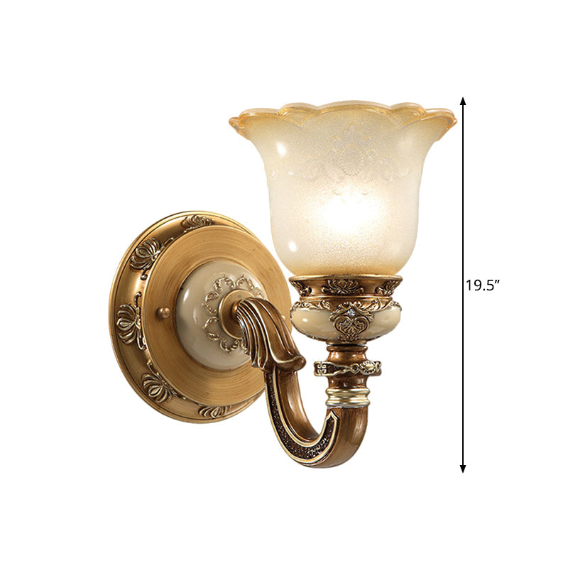 Flower Shape Bedroom Wall Sconce Rustic Milky Glass 1/2-Head Brown Swooping Arm Wall Mounted Light Fixture Clearhalo 'Wall Lamps & Sconces' 'Wall Lights' Lighting' 1617108