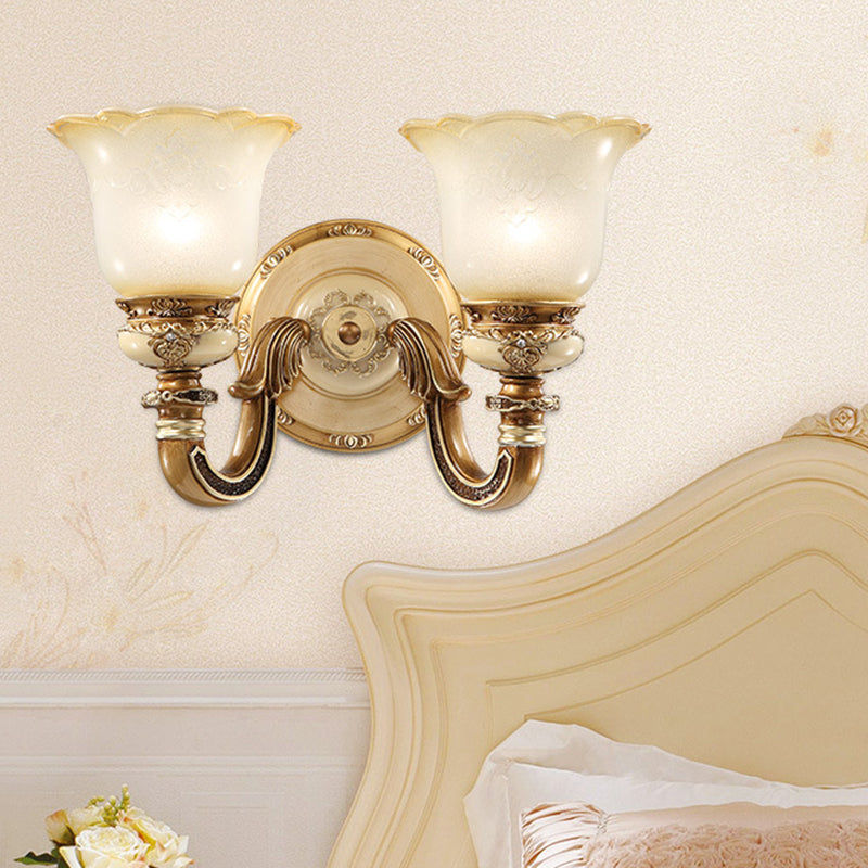 Flower Shape Bedroom Wall Sconce Rustic Milky Glass 1/2-Head Brown Swooping Arm Wall Mounted Light Fixture Clearhalo 'Wall Lamps & Sconces' 'Wall Lights' Lighting' 1617110