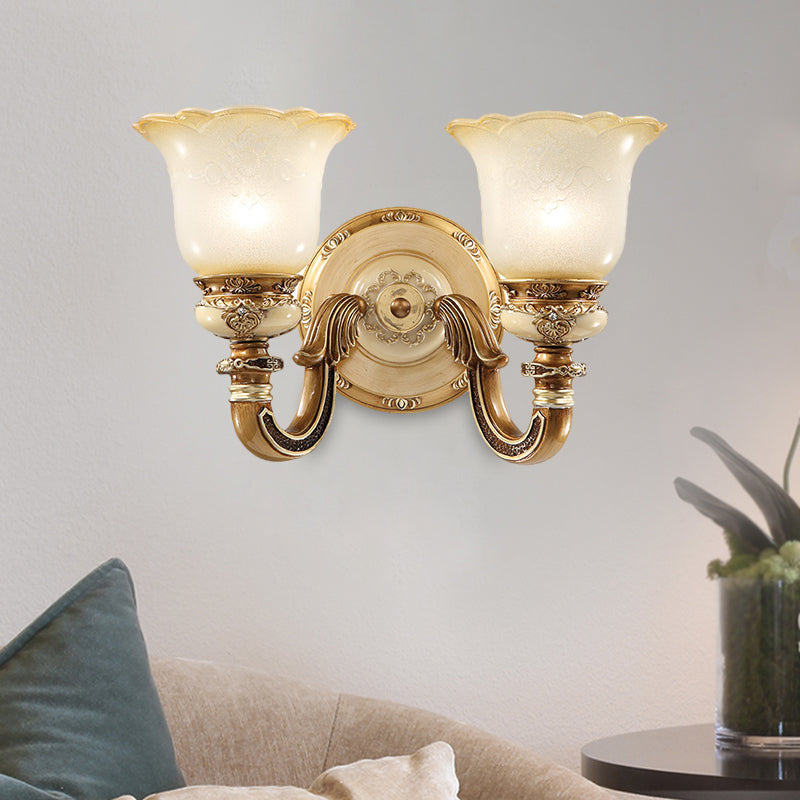 Flower Shape Bedroom Wall Sconce Rustic Milky Glass 1/2-Head Brown Swooping Arm Wall Mounted Light Fixture Clearhalo 'Wall Lamps & Sconces' 'Wall Lights' Lighting' 1617111