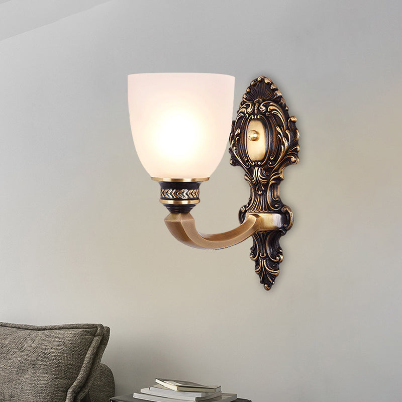 2-Head Sconce Light Country Inverted Bell White Glass Wall Lighting Fixture in Brass, 5