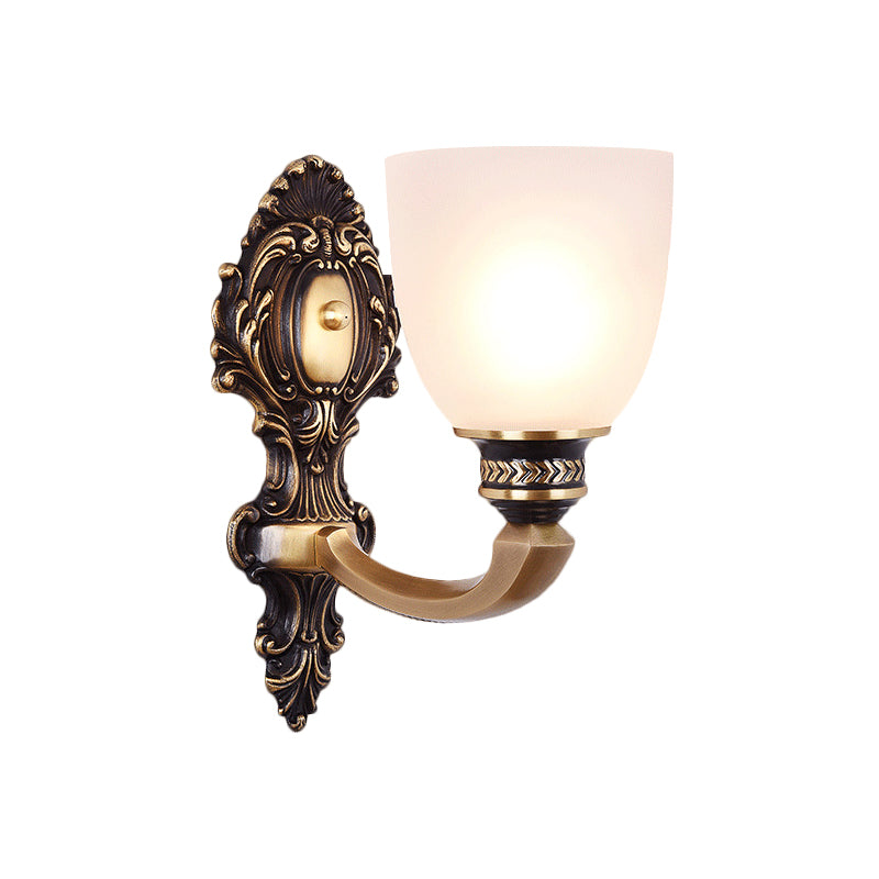 2-Head Sconce Light Country Inverted Bell White Glass Wall Lighting Fixture in Brass, 5