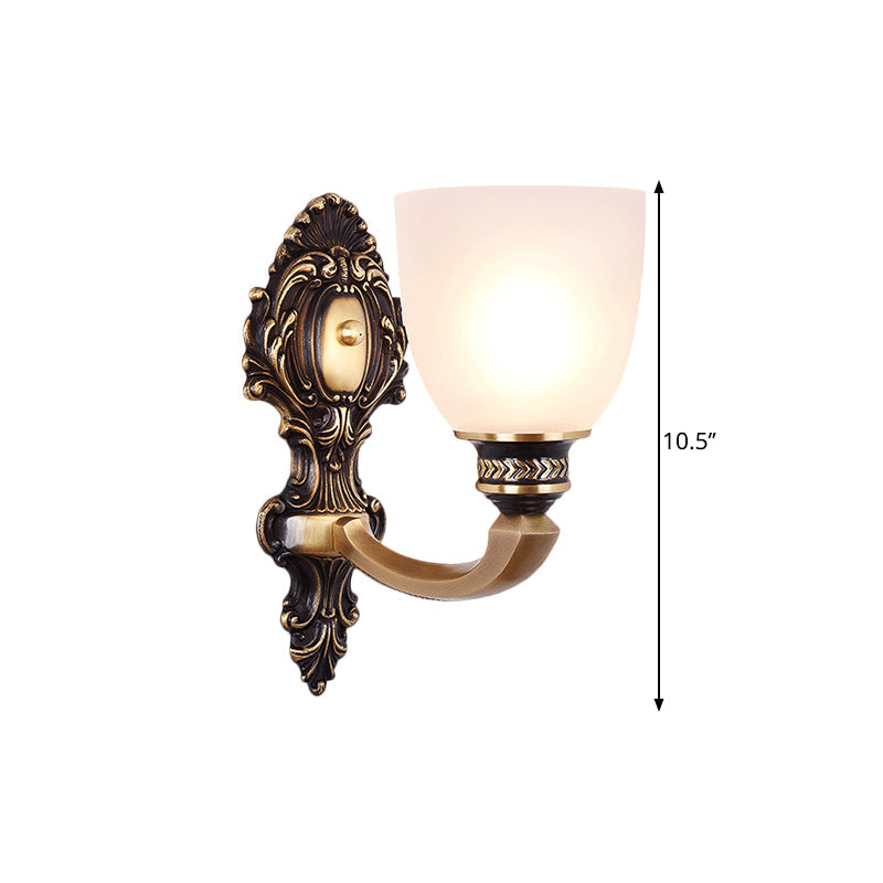 2-Head Sconce Light Country Inverted Bell White Glass Wall Lighting Fixture in Brass, 5