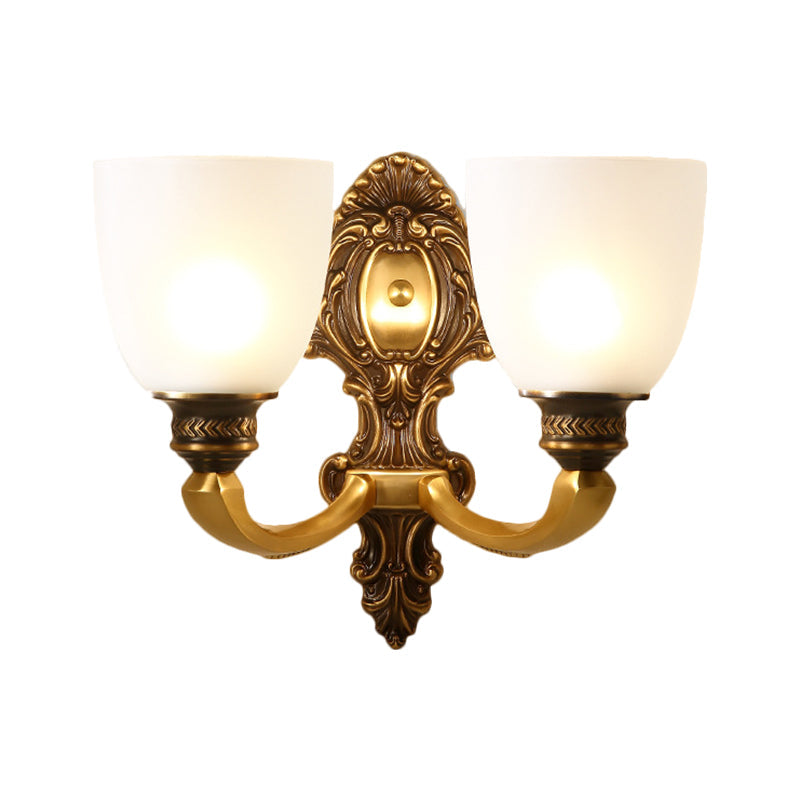 2-Head Sconce Light Country Inverted Bell White Glass Wall Lighting Fixture in Brass, 5