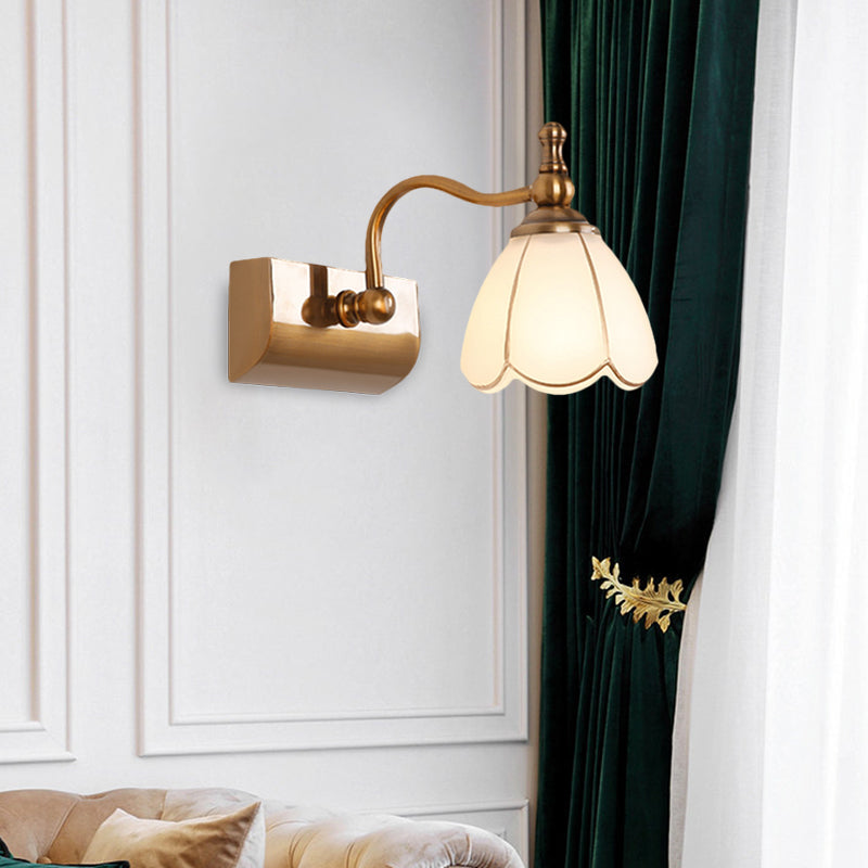 White Glass Brass Vanity Lamp Scalloped 1/2-Light Rustic Style Wall Mounted Lighting with Curved Arm Clearhalo 'Vanity Lights' 'Wall Lights' Lighting' 1617128