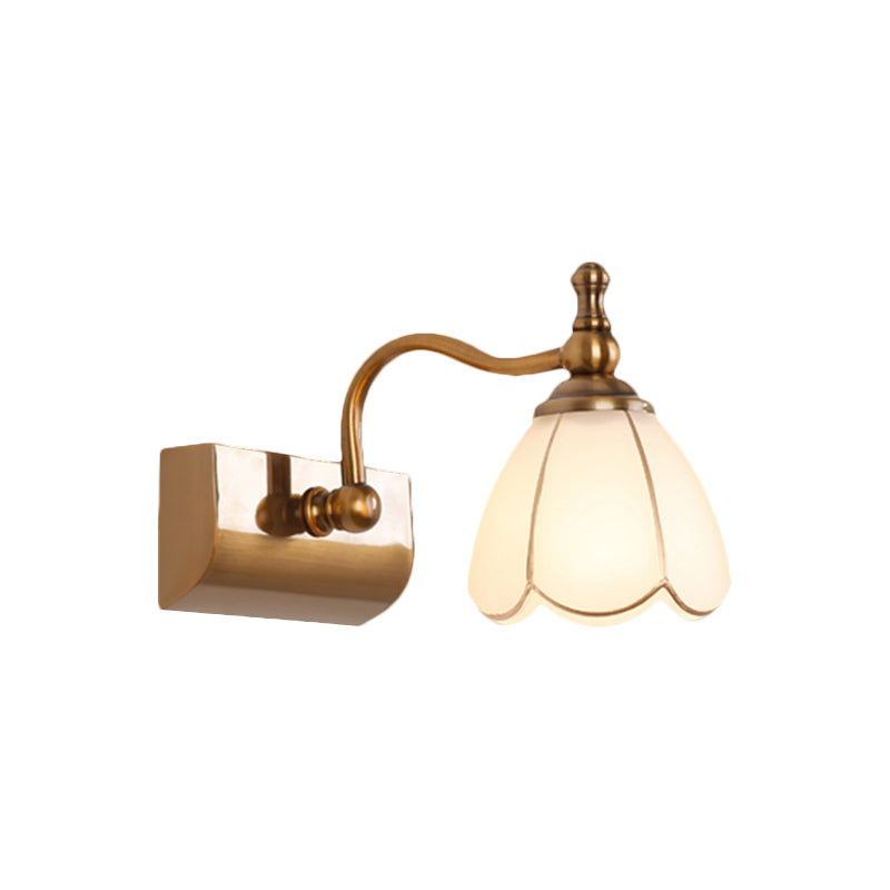 White Glass Brass Vanity Lamp Scalloped 1/2-Light Rustic Style Wall Mounted Lighting with Curved Arm Clearhalo 'Vanity Lights' 'Wall Lights' Lighting' 1617129