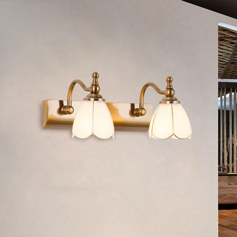 White Glass Brass Vanity Lamp Scalloped 1/2-Light Rustic Style Wall Mounted Lighting with Curved Arm Clearhalo 'Vanity Lights' 'Wall Lights' Lighting' 1617132