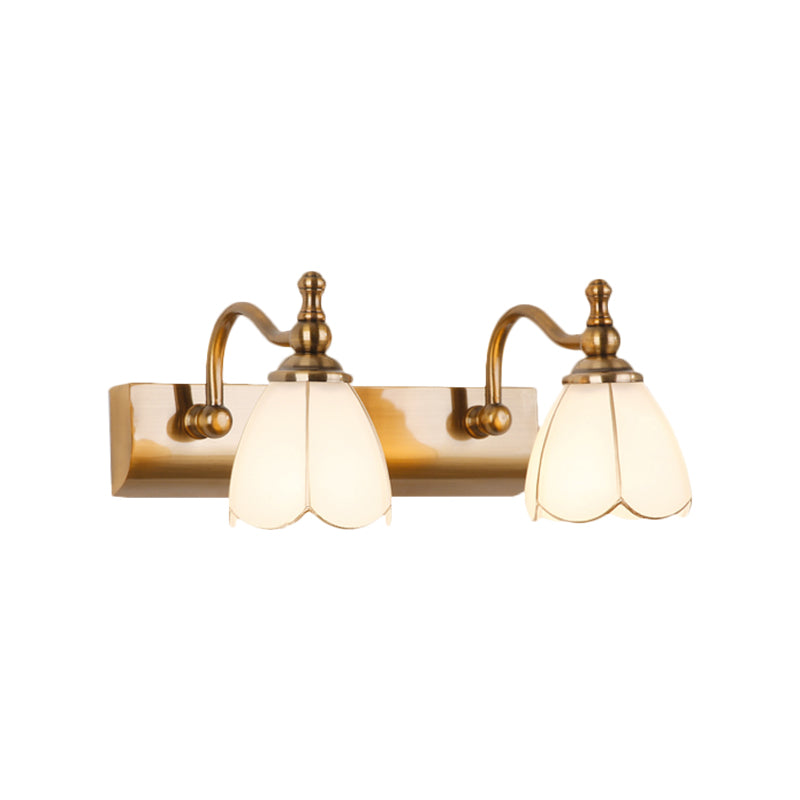 White Glass Brass Vanity Lamp Scalloped 1/2-Light Rustic Style Wall Mounted Lighting with Curved Arm Clearhalo 'Vanity Lights' 'Wall Lights' Lighting' 1617134