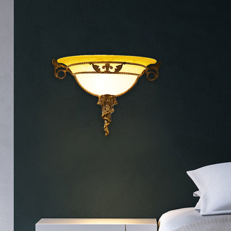 Brass 1 Light Wall Lamp Antiqued Milky Glass Bowl Shape Flush Mount Wall Sconce for Bedroom Brass Clearhalo 'Wall Lamps & Sconces' 'Wall Lights' Lighting' 1617154