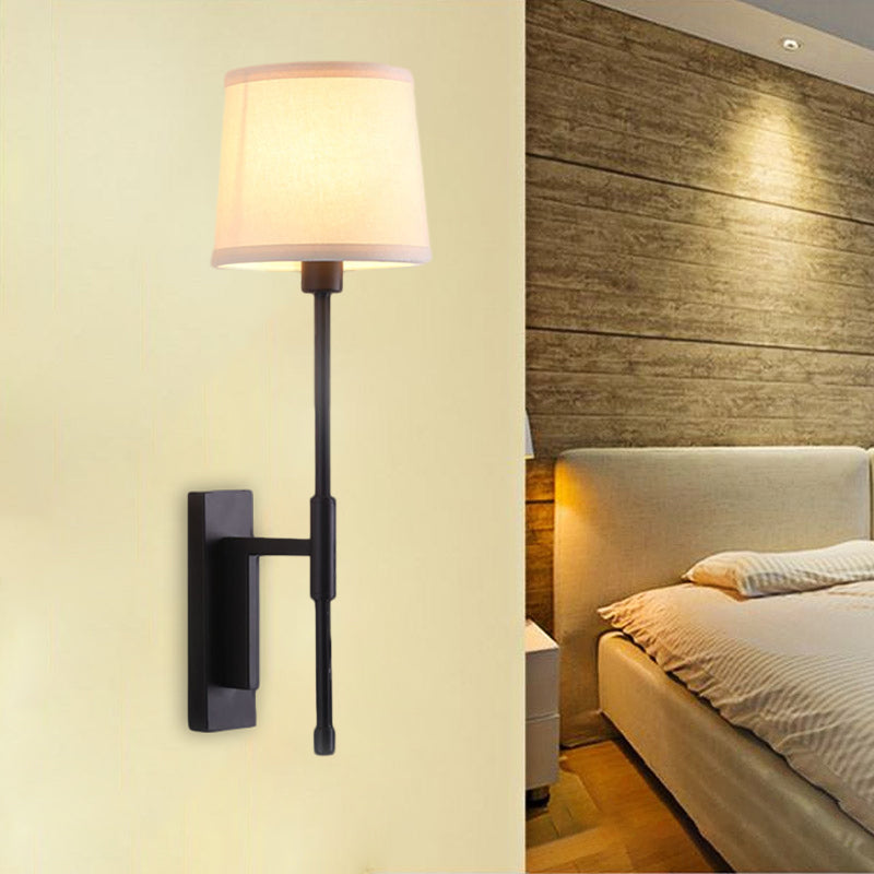 1 Head Barrel Wall Sconce Warehouse Black Fabric Wall Mounted Lighting with Right Angle Arm Black Clearhalo 'Wall Lamps & Sconces' 'Wall Lights' Lighting' 1617158