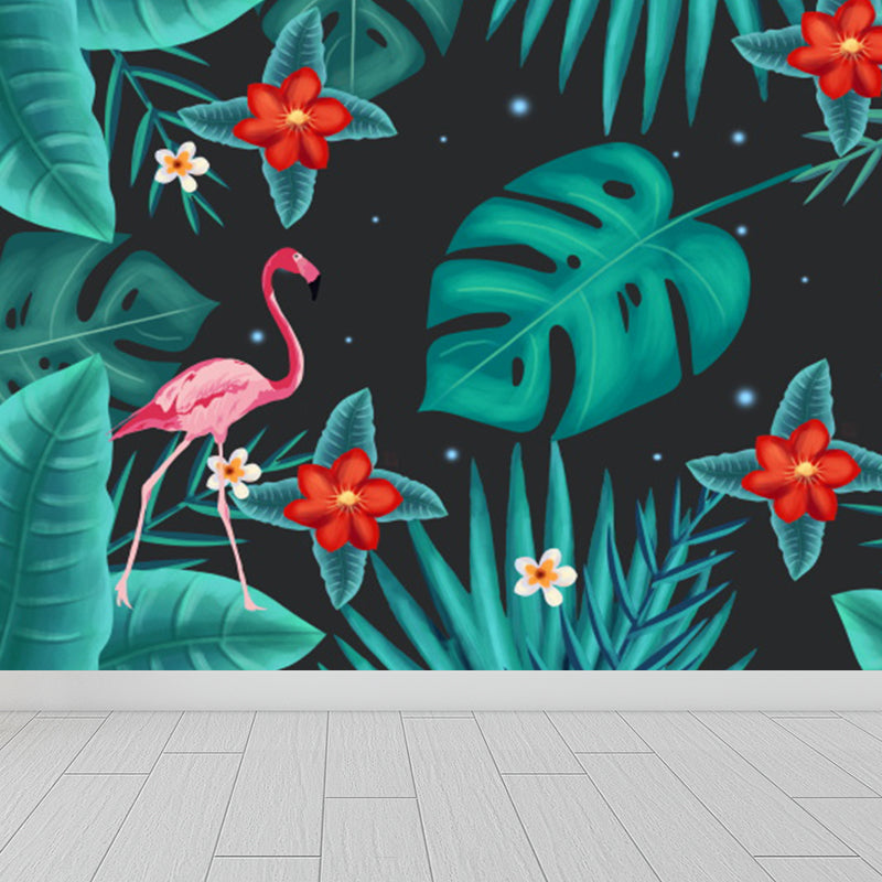 Tropica Flamingo Twins and Leaves Mural Non-Woven Washable Green Wall Art for Kitchen Green Clearhalo 'Wall Decor' 'Wall Mural' 1617274
