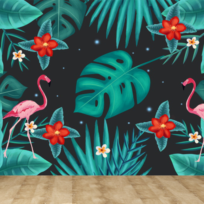 Tropica Flamingo Twins and Leaves Mural Non-Woven Washable Green Wall Art for Kitchen Clearhalo 'Wall Decor' 'Wall Mural' 1617275