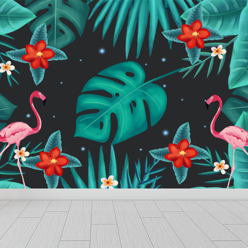 Tropica Flamingo Twins and Leaves Mural Non-Woven Washable Green Wall Art for Kitchen Clearhalo 'Wall Decor' 'Wall Mural' 1617276