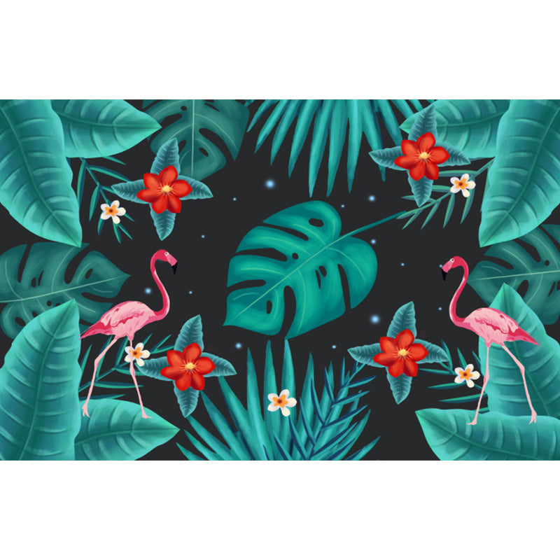 Tropica Flamingo Twins and Leaves Mural Non-Woven Washable Green Wall Art for Kitchen Clearhalo 'Wall Decor' 'Wall Mural' 1617277