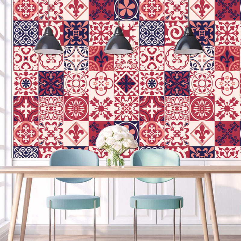 Red Floral Wallpaper Panels Mosaic Tile Boho-Chic Pick Up Sticks Wall Covering for Bathroom Red Clearhalo 'Wall Decor' 'Wallpaper' 1617652