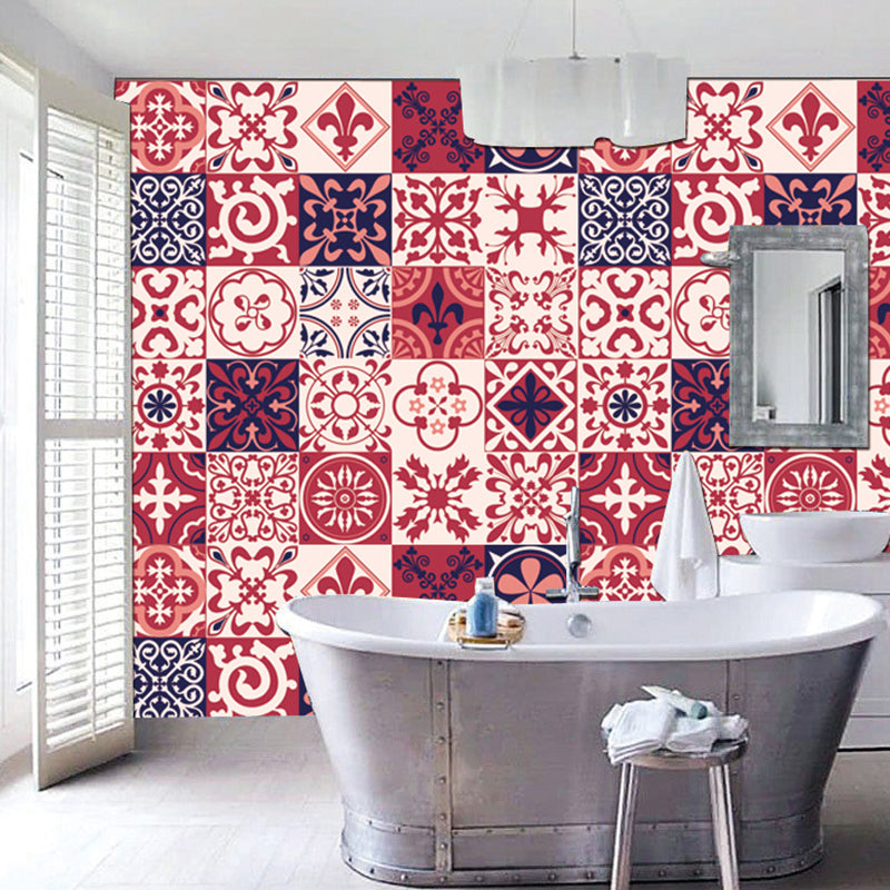 Red Floral Wallpaper Panels Mosaic Tile Boho-Chic Pick Up Sticks Wall Covering for Bathroom Clearhalo 'Wall Decor' 'Wallpaper' 1617653