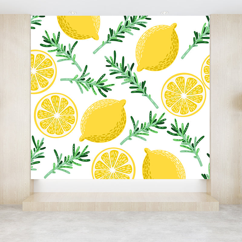 Modern Fruit and Leaves Mural Wallpaper Lemon Yellow Natural Botanical Wall Covering Clearhalo 'Wall Decor' 'Wall Mural' 1617982