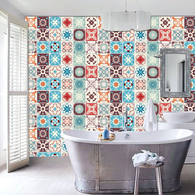 Flowers Wallpaper Panel Set Boho Exotic Mosaic Tile Peel Wall Covering in Blue, 3.5' L x 3.5