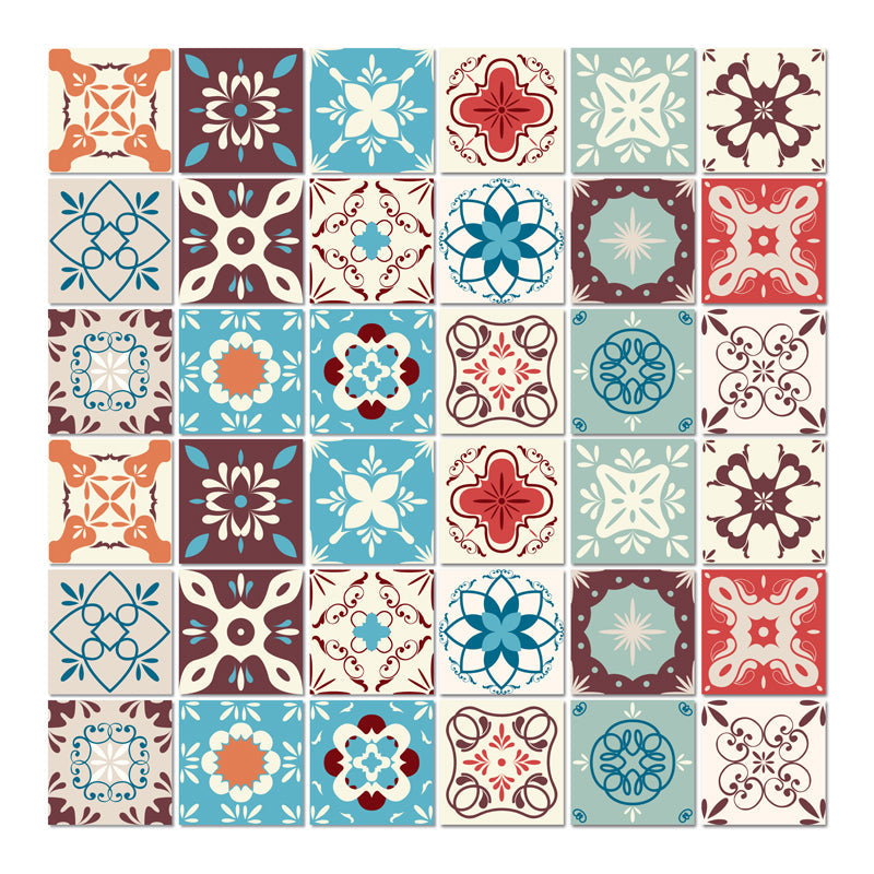 Flowers Wallpaper Panel Set Boho Exotic Mosaic Tile Peel Wall Covering in Blue, 3.5' L x 3.5