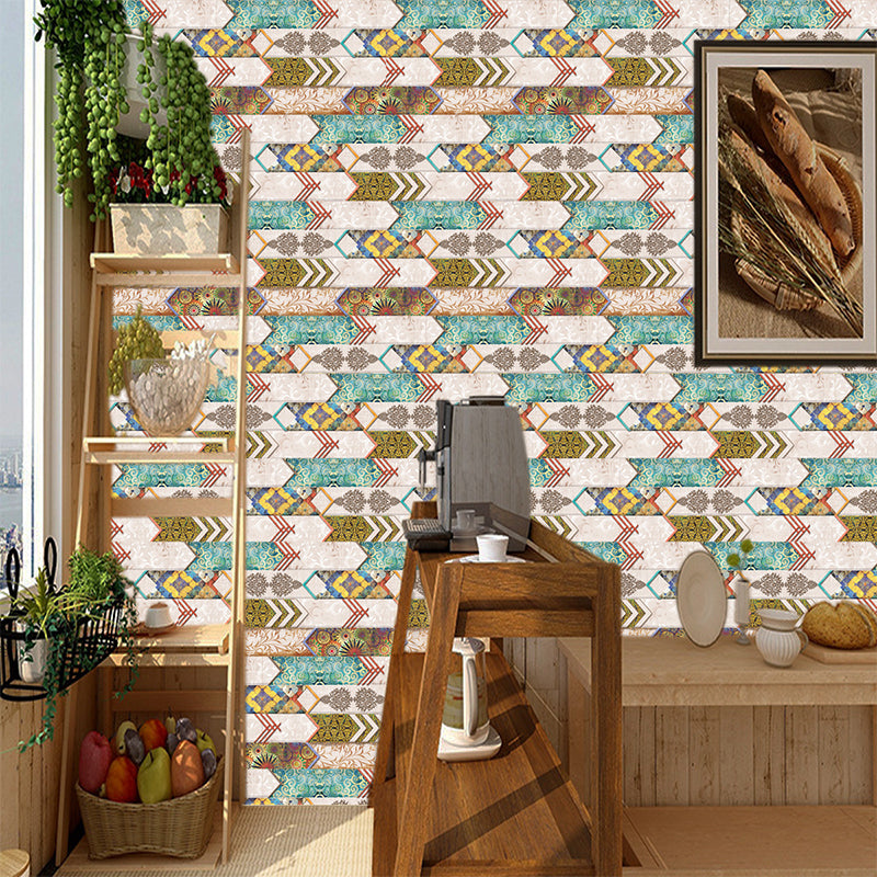 Herringbone Adhesive Wallpaper Panels Vintage Exotic Tiles Wall Covering in Brown, 11' x 7.5