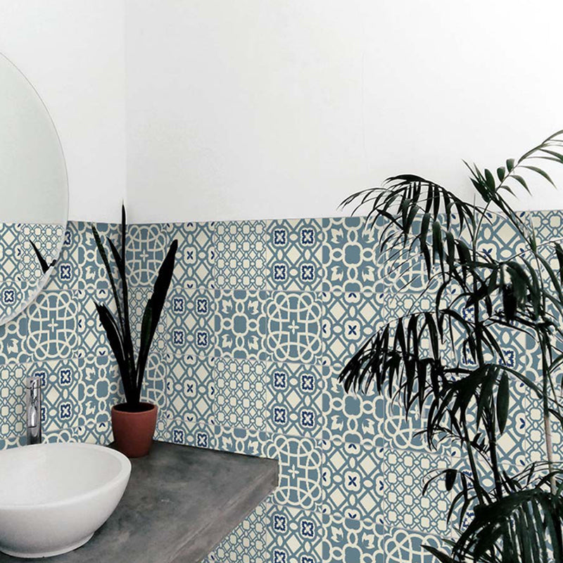 Geometric Peel Wallpaper Panels Boho-Chic Enchanting Floral Print Wall Covering in Blue, 3.5' x 8