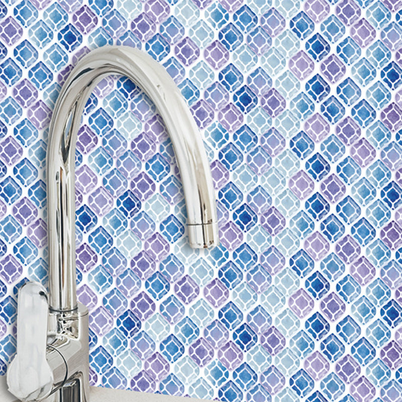 Boho Trellis Mosaic Tiles Wallpaper Panels Blue-Purple Self-Adhesive Wall Covering for Kitchen Blue Clearhalo 'Wall Decor' 'Wallpaper' 1618659