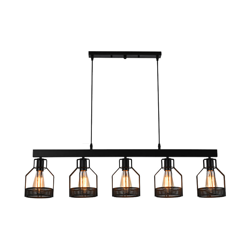 Wire Guard Metal Island Light Vintage Industrial 5 Lights Dining Room Linear Hanging Light Fixture in Black Clearhalo 'Ceiling Lights' 'Island Lights' Lighting' 161875