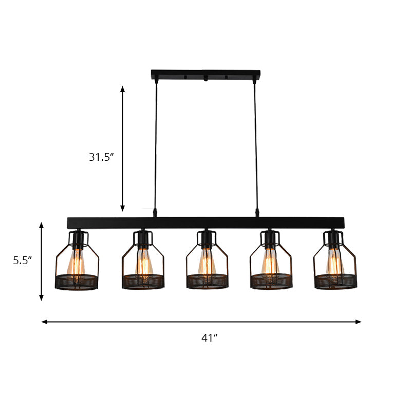 Wire Guard Metal Island Light Vintage Industrial 5 Lights Dining Room Linear Hanging Light Fixture in Black Clearhalo 'Ceiling Lights' 'Island Lights' Lighting' 161876