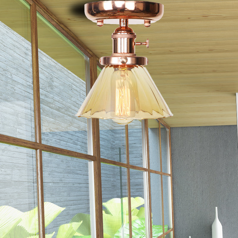 Single Bulb Semi Flush Mount Industrial Globe/Wide Flare/Diamond Light Fixture Ceiling with Clear/Amber Glass Shade Amber Wide Flare Clearhalo 'Ceiling Lights' 'Chandeliers' 'Close To Ceiling Lights' 'Close to ceiling' 'Glass shade' 'Glass' 'Semi-flushmount' Lighting' 162093