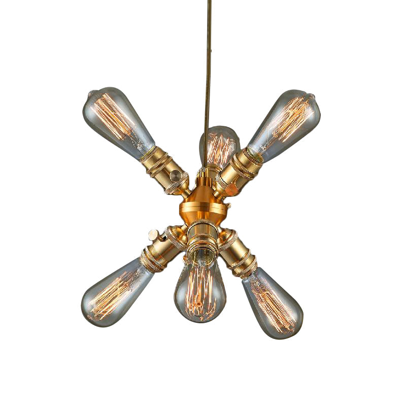 6 Heads Bare Bulb Hanging Lamp Vintage Industrial Brass Metallic Chandelier Lamp for Bar Clearhalo 'Ceiling Lights' 'Chandeliers' 'Close To Ceiling Lights' 'Glass shade' 'Glass' 'Industrial Chandeliers' 'Industrial' 'Middle Century Chandeliers' 'Tiffany' Lighting' 162166